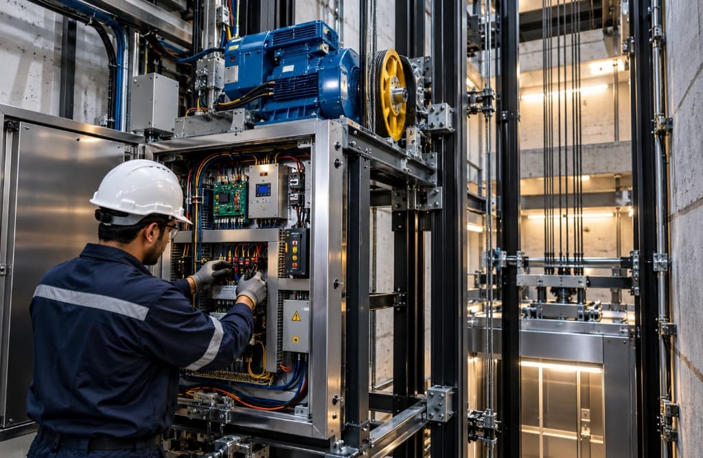 Elevator Engineer working on control panel